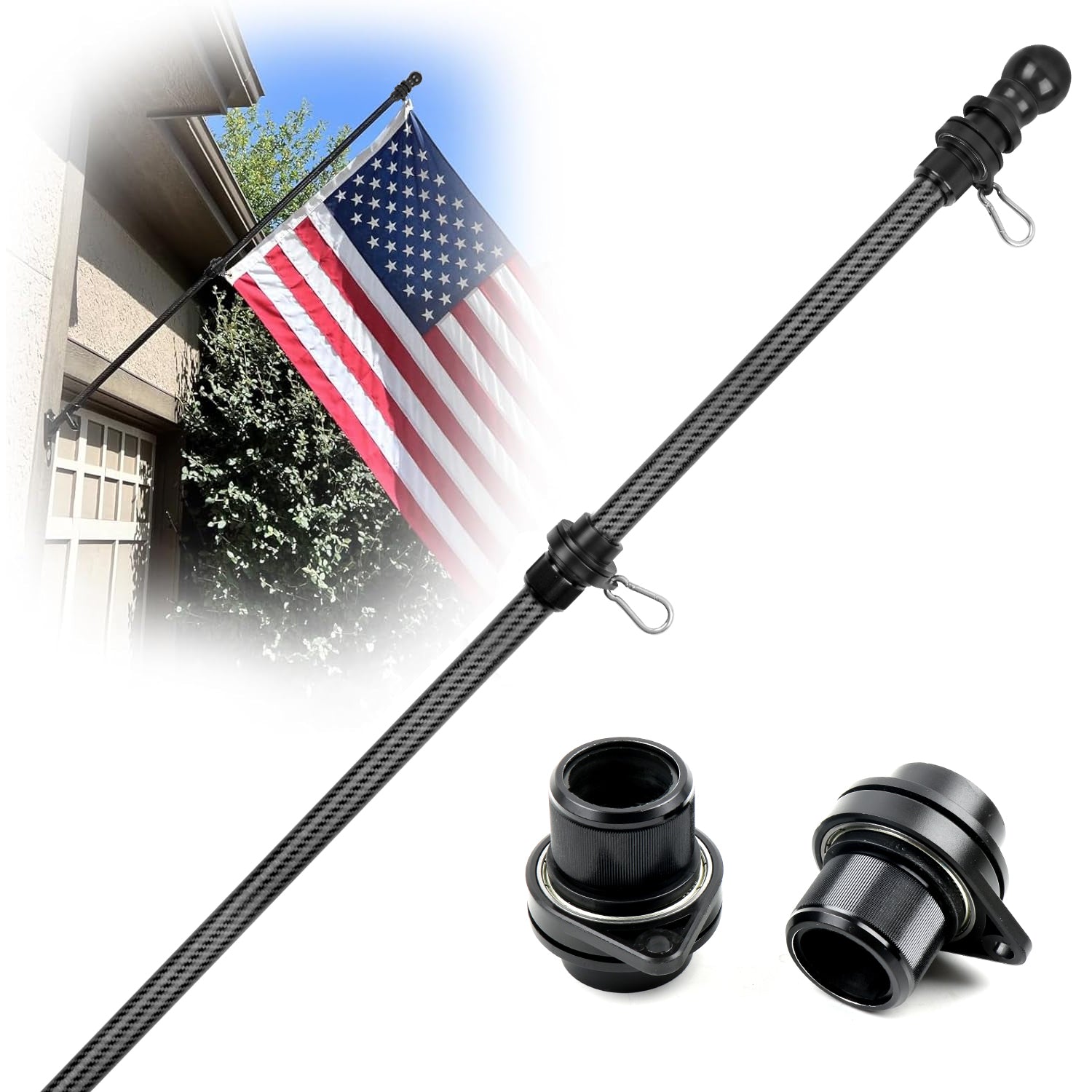 HIBLE Black Flag Pole 6 ft Carbon Fiber Flag Pole for House Porch Garden Yard, 1 Inch Tangle Free Flagpole 5 Sections (Flagpole Only, Not for Truck)