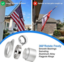 Load image into Gallery viewer, 360° Rotating Flagpole Rings - HIBLE silver flag pole is equipped with Built-in Smooth Bearings rotating spinners which allow flag to fly freely and not wrap or tangle in the wind. Putting grease to the top, bottom, and inside of the rotating ring regularly can make it last longer.
