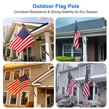 Load image into Gallery viewer, An outdoor flag pole is shown in a four-panel collage mounted on front porches, with American flags attached. Text at the top reads 'Outdoor Flag Pole' and 'Corrosion Resistance &amp; Strong Stability for Any Season.
